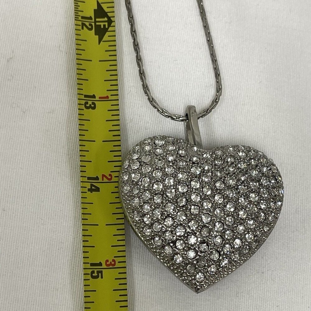 Silver-Tone Filigree Rhinestones Heart Pendant 2” Pendant 26” Necklace Chain - Picture 4 of 6